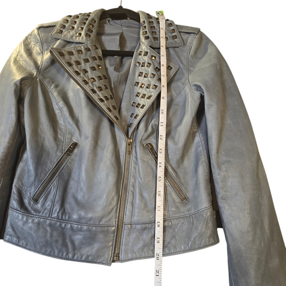 Trouve Womens XS Leather Coat Jacket Grey Studded Moto Asymmetrical Zipper Biker - Picture 8 of 13